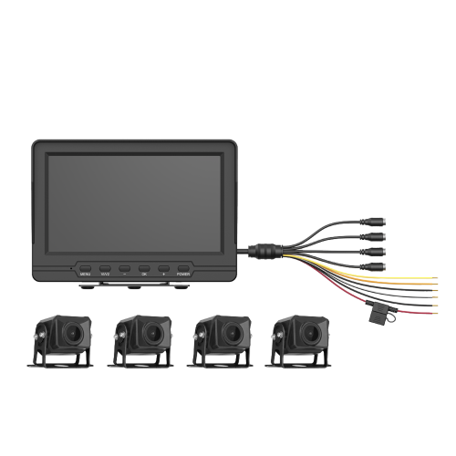 HIKVISION AE-VD2501A-A Sistema de Monitoreo Local, 4 Cámaras 1080p para Exterior (IP68) y Pantalla LCD de 7″ a Color, Memoria Micro SD de 64 GB (Expandible a 512 GB), Soporta Cambio de Cámara al Dar Reversa al Vehiculo, Accesorios de Instalación