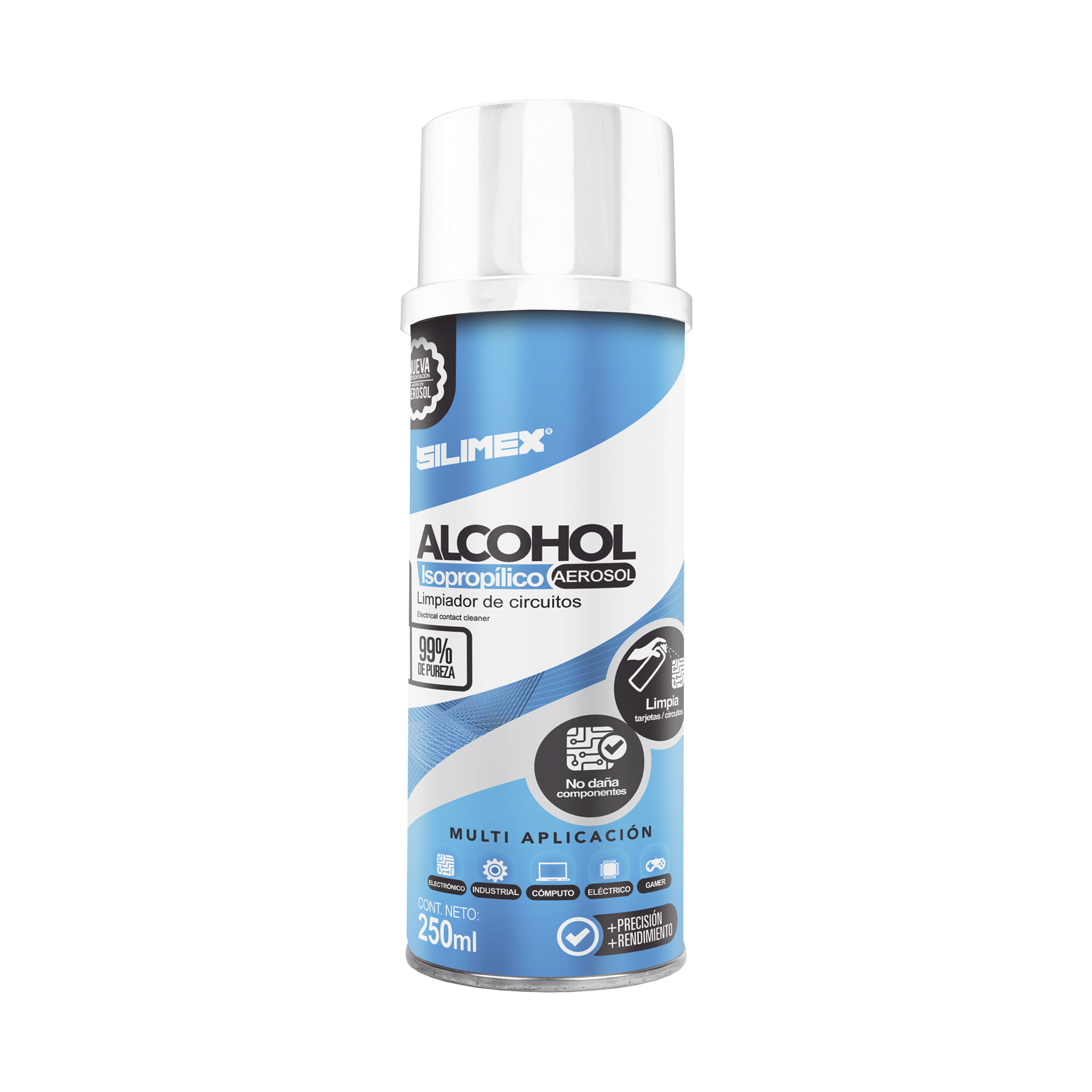 SILIMEX ALCOHOLS Alcohol Isopropilico en Aerosol para limpieza de equipos de vídeo, fibra óptica, cómputo, y equipo telefónico 250 ml