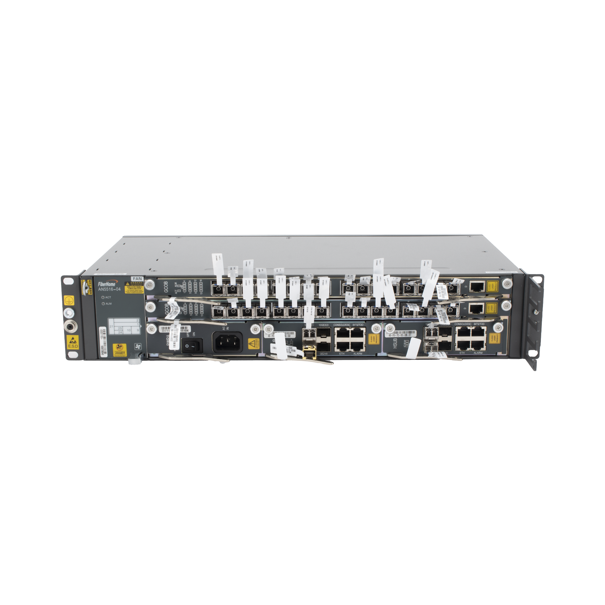 FIBERHOME AN5516-04-AC OLT Carrier Class Modular GPON, 2 Ranuras, Incluye 2 Tarjetas de Servicio de 16 puertos GPON, (32 Modulos GPON C+ Incluidos) 1 Fuente de CA, 2 UR, Incluye Instalación de software UNM2000, (Interoperabilidad con ONU´s de Terceros sin