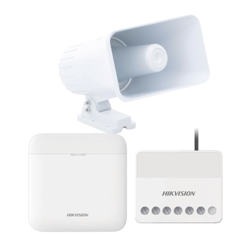 HIKVISION AXPRO-KIT-SIRENA-C (AXPRO) KIT de alarma AX PRO con sirena cableada 30W, Incluye: 1 Hub con Batería de respaldo, 1 Sirena Cableada de 30 Watts IP65, 1 Relevador Inalámbrico 0 a 36 VCC, Compatible con Hik-Connect P2P