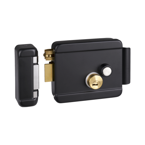 ACCESSPRO BL-ACCESSRIMBL Cerradura Eléctrica con Botón de Salida, Incluye Llave, Exterior, Izquierda, Color Negro