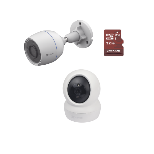 EZVIZ C6N-CSH3C/KM1 Kit de cámaras WiFi, Incluye 1 pieza C6N Para Uso en Interior, 1 pieza CS-H3C Para Uso en Exterior, 1 PZA Micro SD HS-TF-E1/32G, Detección de Movimiento, Notificaciones Instantáneas