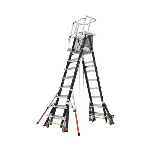 Little Giant Ladder Systems CAGE8FTR Escalera de Fibra de Vidrio con Jaula de 8′-14′ (2.44 – 4.27 m). Con Ajuste en Ruedas (RATCHET™ Leveler) (SKU:18515-817).