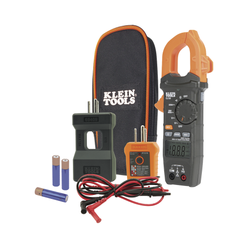 KLEIN TOOLS CL-120-KIT Kit de Amperímetro de Gancho (400A CA) con Probador de Fase y Divisor (para medir corriente sin cortar el cable).