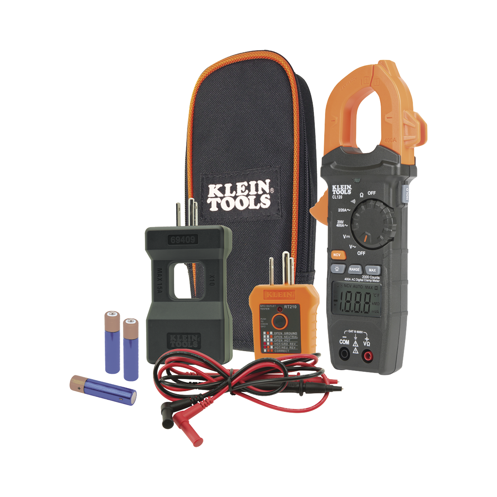 KLEIN TOOLS CL-120-KIT Kit de Amperímetro de Gancho (400A CA) con Probador de Fase y Divisor (para medir corriente sin cortar el cable).