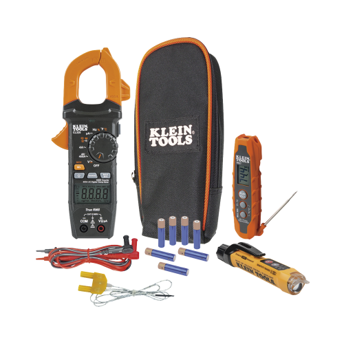 KLEIN TOOLS CL320KIT Kit de Prueba Eléctrica HVAC para Aire Acondicionado, Calefacción, Minisplits, etc. Medición de Voltaje CA/CC, Resistencia, Frecuencia, Capacitancia, Diodos, Temperatura, Ciclo, Micro Amperios CC.