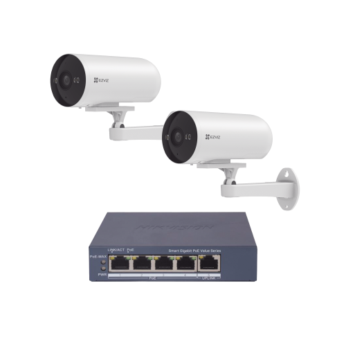 EZVIZ CS-H5/3MP/POE/KS2 Kit de cámaras WiFi Para Uso en Exterior, PoE Estandar Af, 2 piezas CS-H5/3MP/ 1 Pieza de Switch DS-3E1505P-EI/M, Vision Nocturna a Color, IP67, Audio Bidireccional, Luz y Sirena, 4 Puertos 1000 Mbps PoE+, 1 Puerto 1000 Mbp