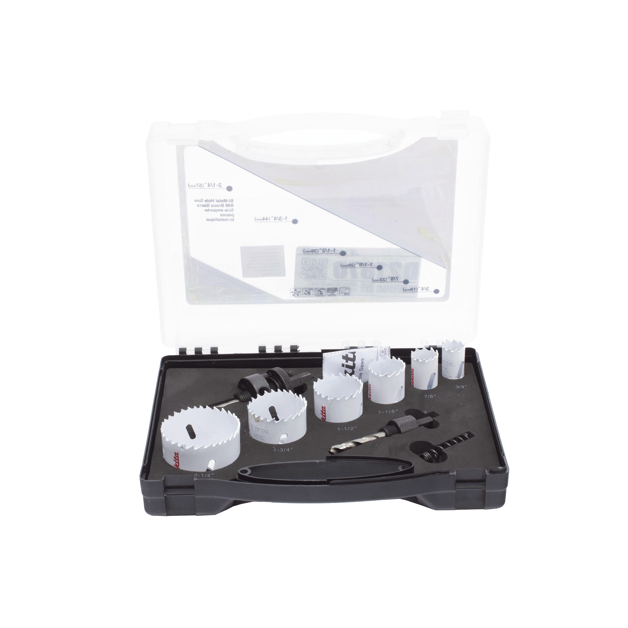 MAKITA D-21870 Kit de broca sierras (3/4 – 2 1/4 in) incluye 6 piezas de broca sierras, 2 adaptadores y resorte de expulsión.