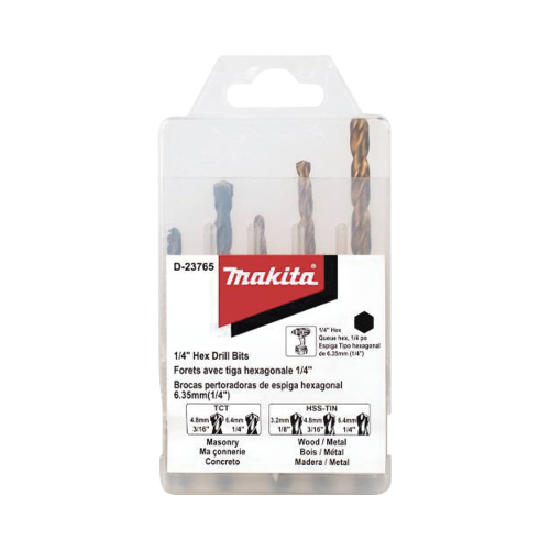 MAKITA D-23765 Juego de 5 Brocas con Inserción Hexagonal de 1/4″. De concreto: 3/16″ y 1/4″. Para metal: 1/8″, 3/16″ y 1/4″.