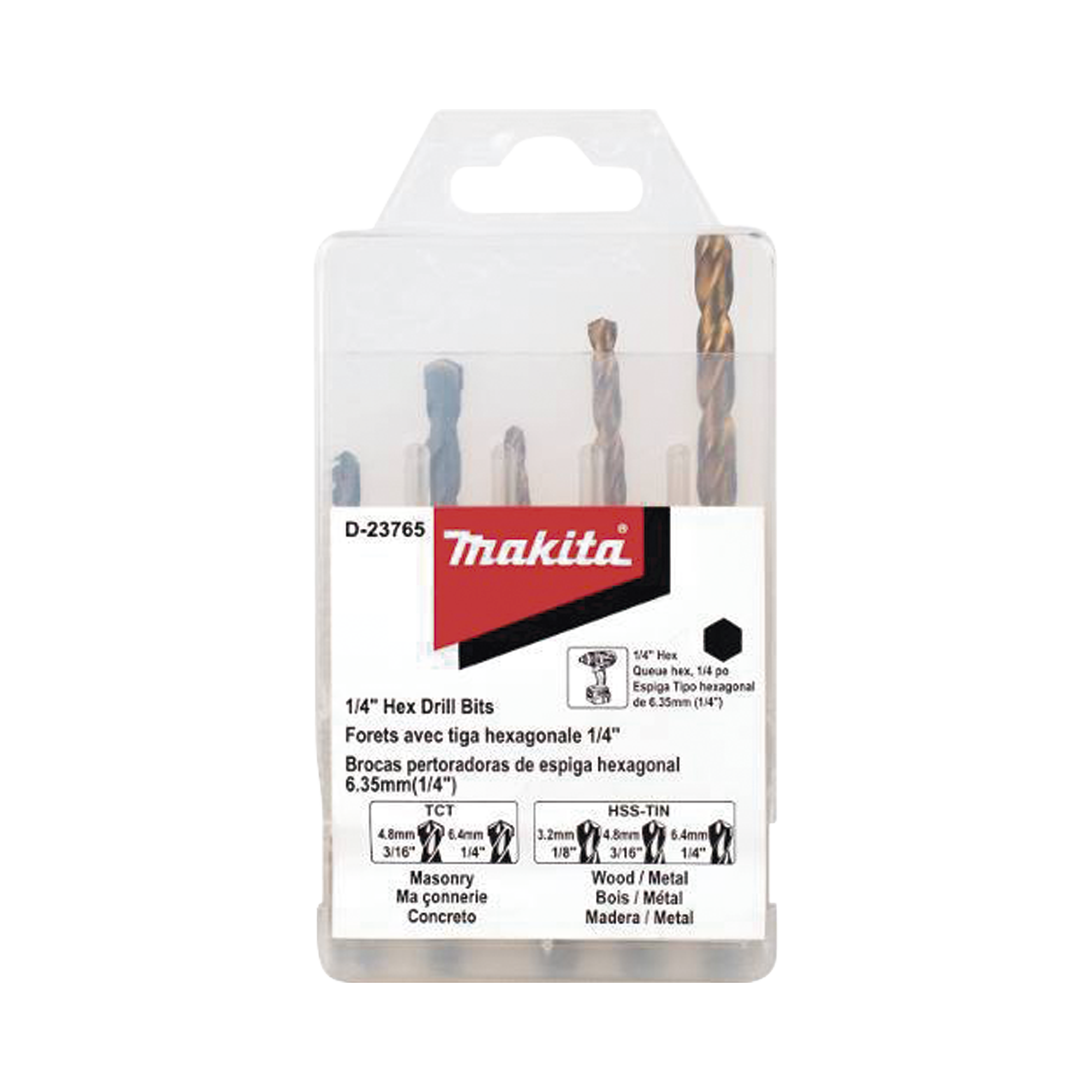 MAKITA D-23765 Juego de 5 Brocas con Inserción Hexagonal de 1/4″. De concreto: 3/16″ y 1/4″. Para metal: 1/8″, 3/16″ y 1/4″.