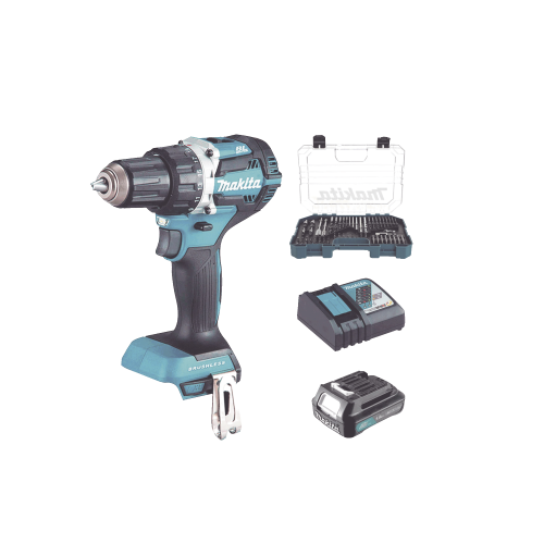MAKITA DHP485SYX6 Rotomartillo/Taladro Inalámbrico (1/2″) de 1,900 RPM, 18Vcc, Incluye 1 Batería BL1815N de 1.5Ah, 1 Cargador Modelo DC18SD y Un Set de 75 Pzas Modelo E-06943