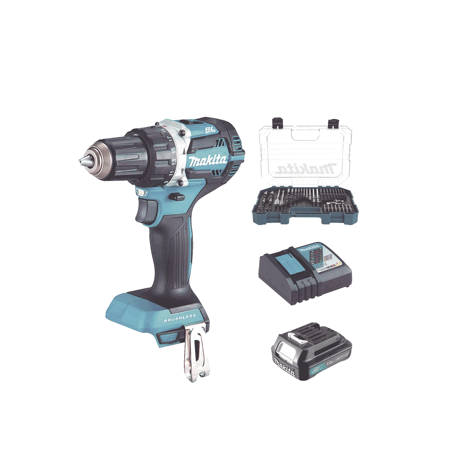MAKITA DHP485SYX6 Rotomartillo/Taladro Inalámbrico (1/2″) de 1,900 RPM, 18Vcc, Incluye 1 Batería BL1815N de 1.5Ah, 1 Cargador Modelo DC18SD y Un Set de 75 Pzas Modelo E-06943