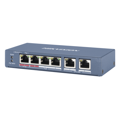 HIKVISION DS-3E0106HP-E Switch PoE+, No Administrable, 3 Puertos 10/100 Mbps 802.3 af/at (30 W) + 1 Puerto 10/100 Mbps Hi-PoE (60 W), 2 Puertos 10/100 Mbps Uplink, Modo Extendido hasta 300 Metros, 60 W