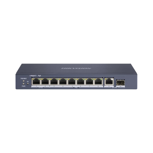 HIKVISION DS-3E0510HP-E Switch PoE+, No Administrable, 7 Puertos 1000 Mbps 802.3 af/at (30 W), 2 Puertos 1000 Mbps Hi-PoE (90 W), 1 Puertos 1000 Mbps Uplink, 1 Puerto SFP, Modo Extendido hasta 300 Metros, 110 Watts