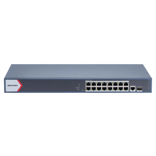 HIKVISION DS-3E1518P-EI Switch Gigabit PoE+, Administrable, 16 Puertos 1000 Mbps PoE+, 1 Puerto 1000 Mbps de Uplink, 1 Puerto SFP, Configuración Nube desde Hik-Partner Pro, Modo Extendido hasta 300 Metros, 230 Watts