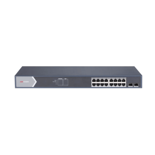 HIKVISION DS-3E1518P-SI Switch Gigabit PoE+, Administrable, 16 Puertos 1000 Mbps PoE+, 2 Puertos SFP, Configuración Nube desde Hik-ParnerPro, PoE hasta 300 Metros, 225 Watts