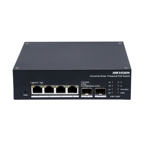 HIKVISION DS-3T1506HP-EI-UPS Switch Industrial con UPS, Administrable Gigabit, 3 Puertos Gigabit PoE+ (30 W) + 1 Puertos Gigabit PoE++ (90 W), 2 Puertos SFP, 120 W Total, 48 a 57 VCD, Ideal para Proyectos, 300 Metros de Distancia