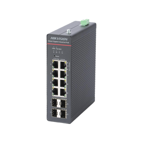 HIKVISION DS-3T1512HP-SI-8P4F Switch Gigabit PoE+, Industrial, Administrable, 4 Puertos Gigabit PoE+ (90 W) + 4 Puertos Gigabit PoE+(30 W), 4 Puertos Gigabit SFP, 300 W Total, 48 a 57 VCD, Ideal para Proyectos, 300 Metros de Distancia