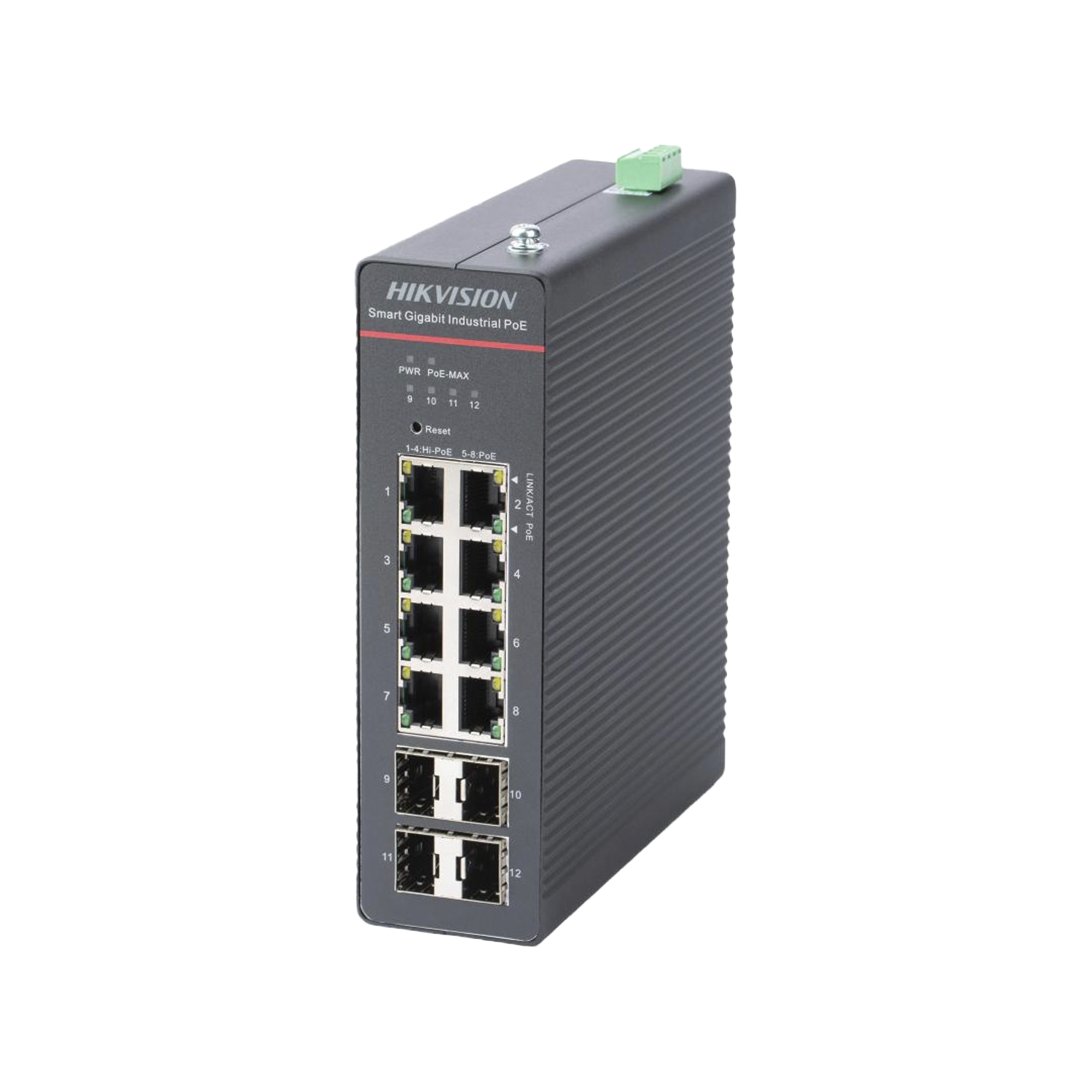 HIKVISION DS-3T1512HP-SI-8P4F Switch Gigabit PoE+, Industrial, Administrable, 4 Puertos Gigabit PoE+ (90 W) + 4 Puertos Gigabit PoE+(30 W), 4 Puertos Gigabit SFP, 300 W Total, 48 a 57 VCD, Ideal para Proyectos, 300 Metros de Distancia