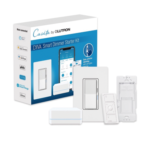 LUTRON CASETA WIRELESS DVRFBDG1D (Caseta Wireless) Kit Hub controlador, atenuador, control remoto PICO, base de pared y tapa.