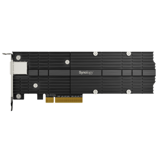 SYNOLOGY E10M20-T1 Adaptador Combinado SSD M.2 y 10 GbE | PCIe 3.0 x8 | 2 Ranuras NVMe M.2 22110/2280 | Puerto 10GBASE-T RJ45 | Autonegociación 10/5/2,5/1 Gbps | Compatible con SSD NVMe SNV3000.