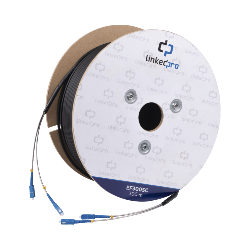 LINKEDPRO BY EPCOM EF-300-SC Carrete de Fibra Óptica Monomodo con Conectores SC-SC Duplex, Reforzada con Kevlar, de 300 metros, Para instalaciones subterráneas por tubería