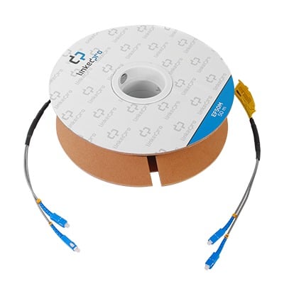 LINKEDPRO BY EPCOM EF-50-SC Carrete de Fibra Óptica Monomodo con Conectores SC-SC Duplex, Reforzada con Kevlar, de 50 metros, Para instalaciones subterráneas por tubería