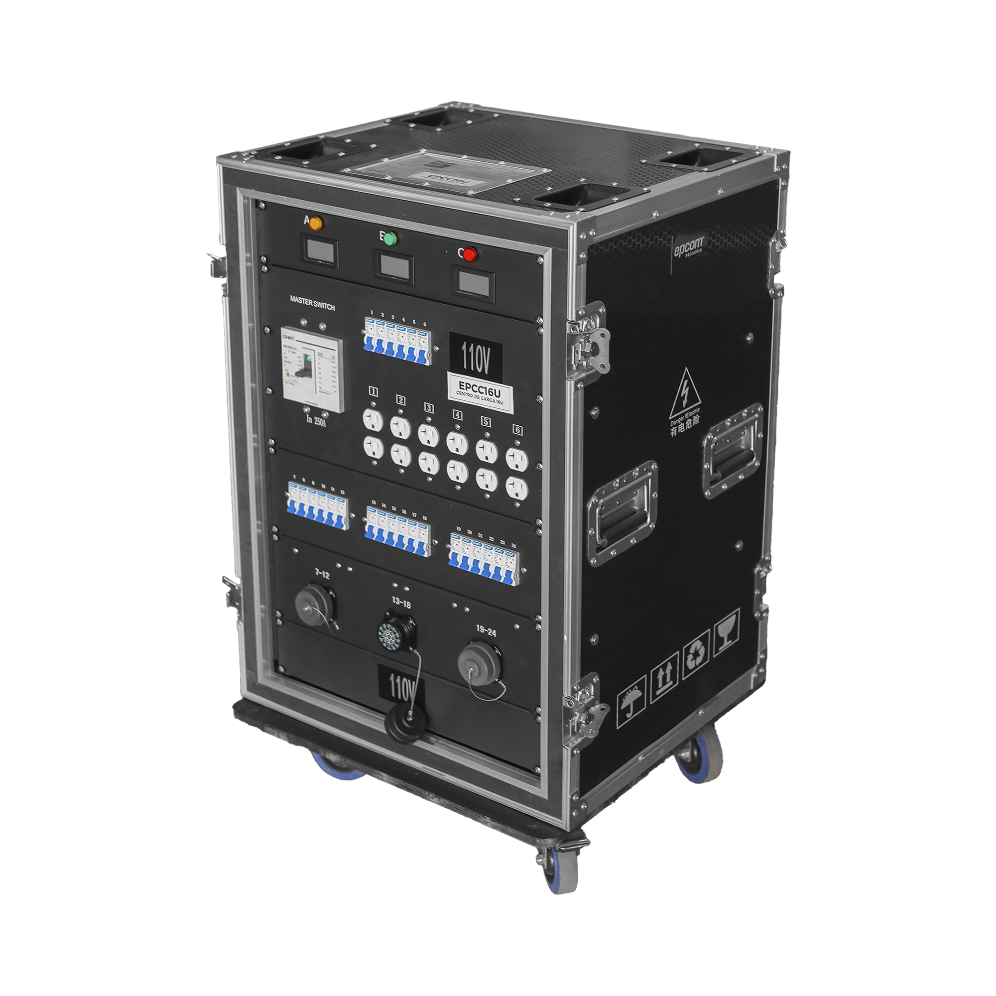 EPCOM PROAUDIO EP-CC-16U Centro de carga movil para instalaciones temporales con conexión TIPO socapex a 110v Y 220V | RACK 16U