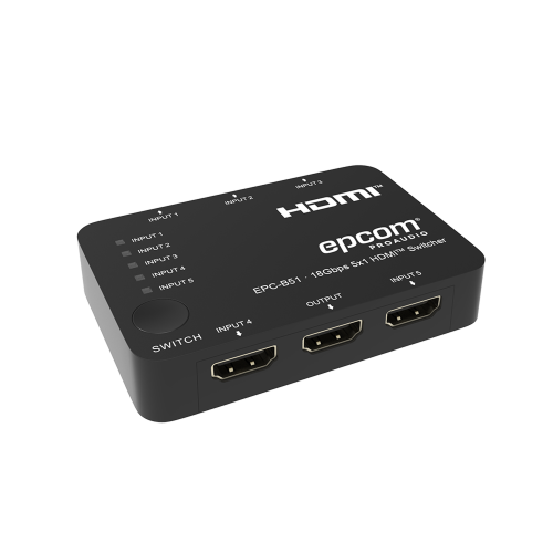 EPCOM PROAUDIO EPC-B51 Switch HDMI 5×1 | 18Gbps | 4K@60Hz | YCbCr 4:4:4 | HDR, Dolby Vision y HLG | Soporte 3D | Conmutación Automática y Manual | Diseño Compacto