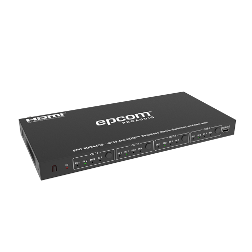 EPCOM PROAUDIO EPC-MX944CS Matriz de Video HDMI 4×4 | Ancho de Banda 10.2 Gbps | Resolución 4K@30Hz | Escalado a 1080P, 720P, 1920×1200, 4K30 | Modos Matriz y Video Wall | Control RS-232 y Remoto Infrared