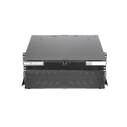 PANDUIT FCE4U Panel de Distribución de Fibra Óptica, Acepta 12 Placas FAP o FMP, Bandeja Deslizable e Inclinable Hacia Abajo, Hasta 288 Fibras, Color Negro, 4UR
