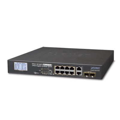 PLANET FGSD-1022VHP Switch PoE+, Distancia 250 Metros, 8 Puertos + 2 Combo TP/SFP Gigabit y Pantalla LCD Para Monitoreo