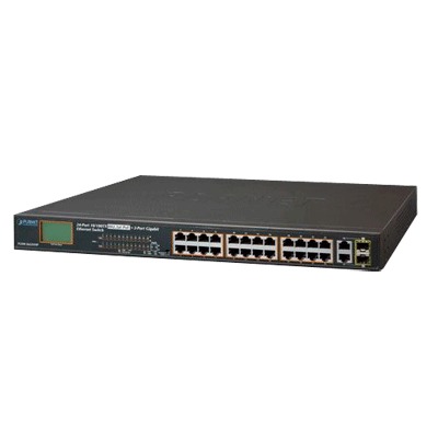 PLANET FGSW-2622VHP Switch No Administrable 24 Puertos PoE 10/100 802.3af/at, 2 Combo TP/SFP Gigabit y Pantalla LCD para Monitoreo y Configuración Básica de PoE, Hasta 300 Watts