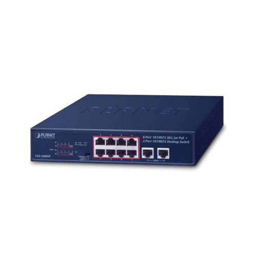 PLANET FSD-1008HP Switch de Escritorio de 8 Puertos 10/100TX 802.3at PoE+, 2 Puertos 10/100TX, 120W PoE Budget, Modos Standard, VLAN y Extendido, Distancia Extendida Hasta 250m