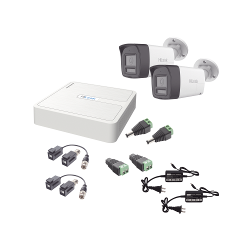 HiLook by HIKVISION HL-1080P-2B-TWA Kit HiLook Audio Bidireccional TurboHD 1080p, DVR 4 Canales, 2 Cámaras Bala (Exterior) con Bocina y Microfóno Integrado, 2 Fuentes de Poder, Accesorios