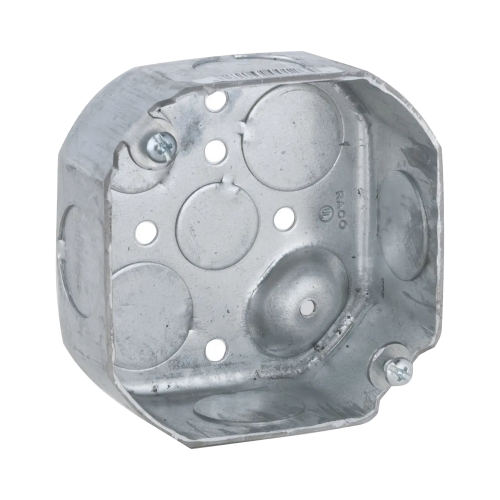 RACO HUB-126 Caja Octagonal de 4″, Profundidad 1 1/2″, 6 Entradas de 3/4″, 2 Entradas de 1/2″, Troquelada.