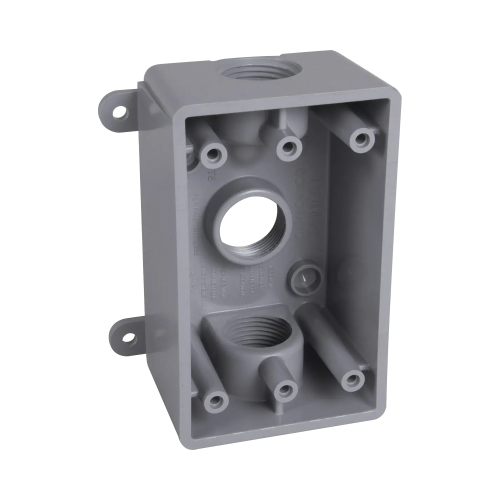 RACO HUB-PSB-37550-GY Caja Impermeable de 1 Gang, Profundidad de 2″/ Cuenta con 3 Salidas roscadas para tubería de 1/2″ ó 3/4″/ Color Gris.