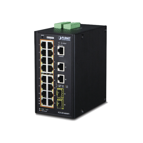 PLANET IGS-20160HPT Switch Industrial Administrable 16 puertos 10/100/1000 T 802.3at PoE + 2 Puertos 10/100/1000 T + 2 puertos 100/1000 X SFP