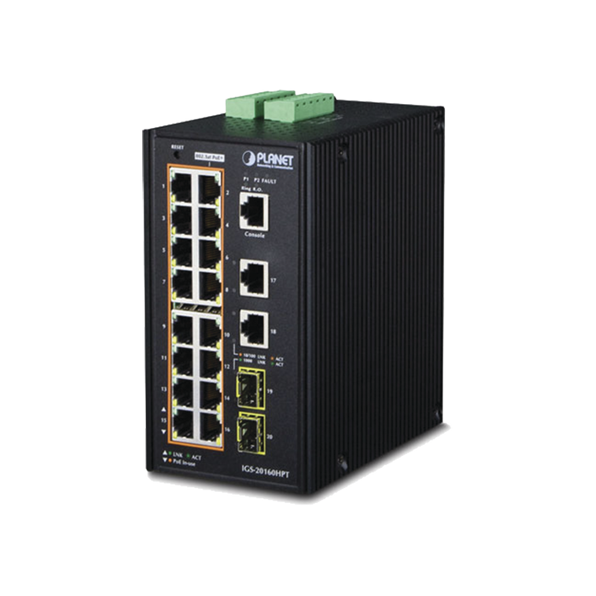PLANET IGS-20160HPT Switch Industrial Administrable 16 puertos 10/100/1000 T 802.3at PoE + 2 Puertos 10/100/1000 T + 2 puertos 100/1000 X SFP
