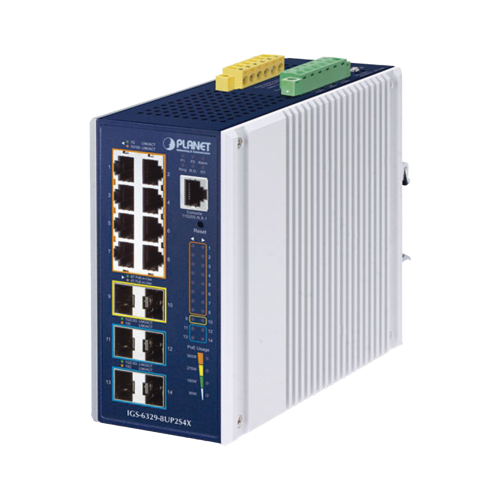 PLANET IGS-6329-8UP2S4X Switch Industrial Capa 3 de 8 Puertos 10/100/1000T PoE 802.3bt, 2 Puertos SFP 1 G/2.5 G, 4 Puertos SFP 10G, Instalación en Pared o Puerto DIN.