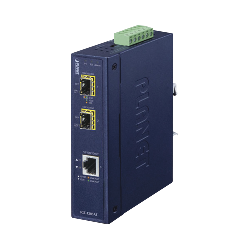 PLANET IGT-1205AT Convertidor de Medios Industrial de 1 Puerto Ethernet 10/100/1000 Base-T a 2 Puertos SFP 100/1000/2500 Base-X