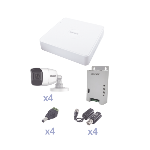 EPCOM PROFESSIONAL KEVTX8T4BG/A KIT TurboHD con Audio 1080p, DVR 4 Canales, 4 Cámaras Bala (exterior 2.8 mm), Transceptores, Conectores, Fuente de Poder, AUDIO POR COAXITRON