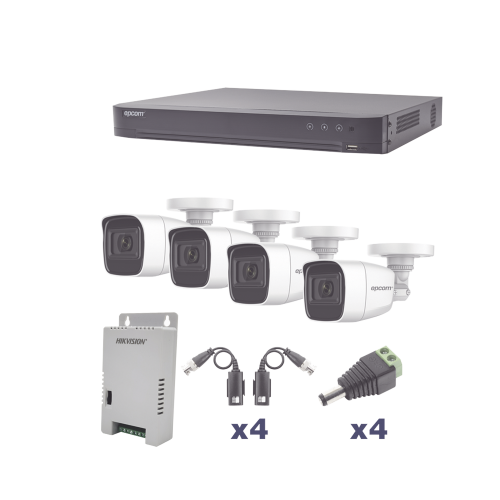 EPCOM PROFESSIONAL KEVTX8T4BW/A KIT TurboHD 1080p, DVR 4 Canales, 4 Cámaras Bala Policarbonato con Audio Integrado (exterior 2.8 mm), Transceptores, Conectores, Fuente de Poder Profesional