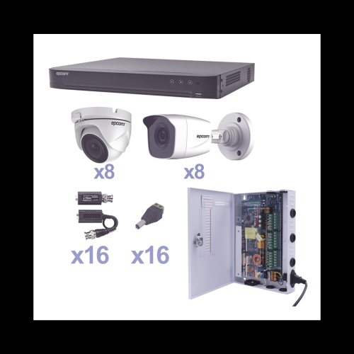 EPCOM PROFESSIONAL KEVTX8T8B/8EW KIT TurboHD 1080p, DVR 16 Canales, 8 Cámaras Bala (exterior 2.8 mm), 8 Cámaras Eyeball (exterior 2.8 mm), Transceptores, Conectores, Fuente de Poder Profesional