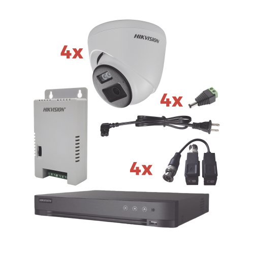 HIKVISION KH-1080P-4E-TWA Kit Audio Bidireccional TurboHD 1080p, DVR 4 Canales, 4 Cámaras Eyeball (Exterior) con Bocina y Microfóno Integrado, 1 Fuente de Poder, Accesorios