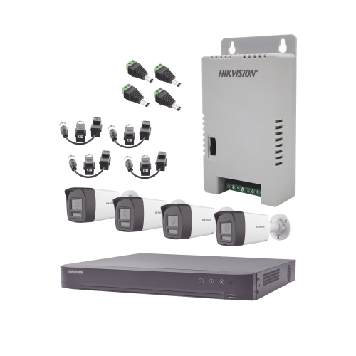 HIKVISION KH-4K-4B-TWA Kit Audio Bidireccional TurboHD 4K-3K, DVR 4 Canales 4K, 4 Cámaras Bala (Exterior) con Bocina y Microfóno Integrado 3K, 1 Fuentes de Poder, Accesorios