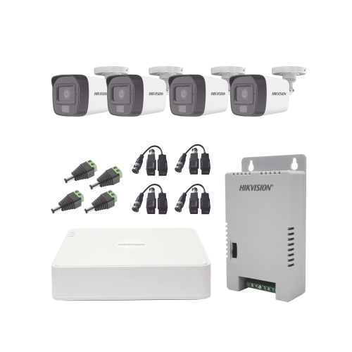 HIKVISION KH1080P4BSFH Kit TURBOHD 1080p, DVR 4 Canales, 4 Cámaras con Micrófono Integrado y 101° Visión, Luz Blanca + IR Visión Nocturna, Transceptores, Conectores, Fuente de Poder Profesional Compacta