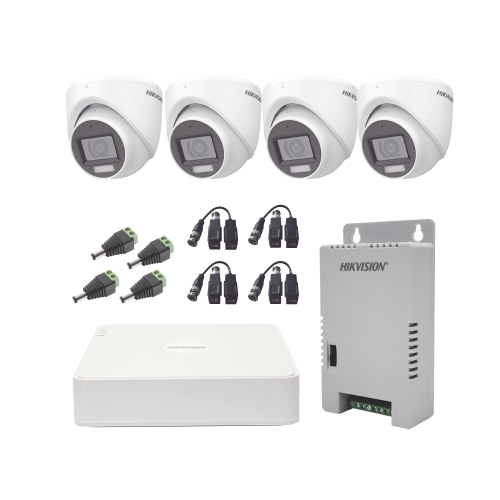 HIKVISION KH1080P4ESFH KIT TurboHD 1080p, DVR 4 Canales con audio por coaxitron, 4 Cámaras con Micrófono y 106° Visión/ luz blanca + IR visión nocturna, Transceptores, Conectores, Fuente de Poder Profesional