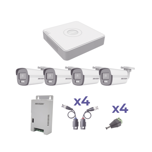 HIKVISION KH1080PL4BC KIT COLORVU TURBOHD 1080p Lite, DVR 4 Canales, 4 Cámaras Bala (exterior 2.8 mm), Transceptores, Conectores, Fuente de Poder Profesional