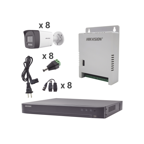 HIKVISION KH4K8BTWA Kit Audio Bidireccional TurboHD 4K-3K, DVR 8 Canales 4K, 8 Cámaras Bala (Exterior) con Bocina y Microfóno Integrado 3K, 1 Fuentes de Poder, Accesorios